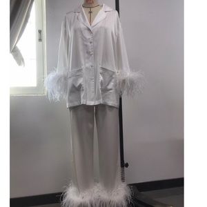 White Satin Ostrich Feather Pajama Set